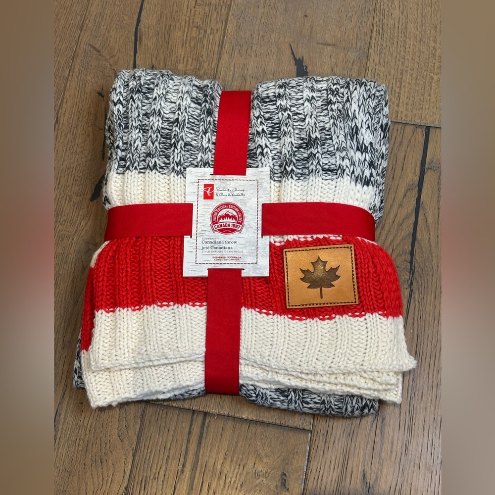 NIP Canada Cable Knit Throw Blanket with Maple Leaf Patch